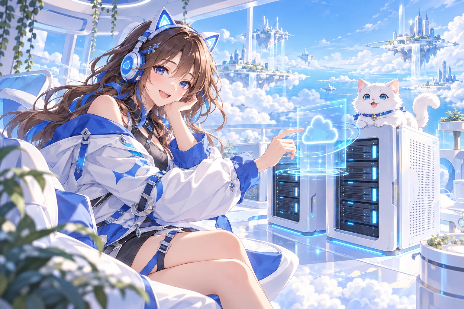 Không gian anime Hamter với máy chủ đám mây và góc làm việc sáng tạo